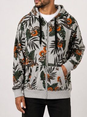 Sean John Tropical Floral Full Zip Hoodie Gray Orange Green Size XL